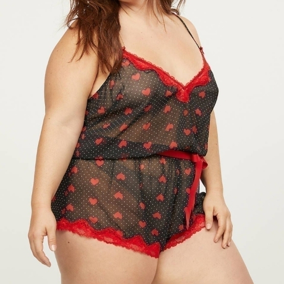 Cacique Valentine Heart Romper Lace Trim - Picture 1 of 11
